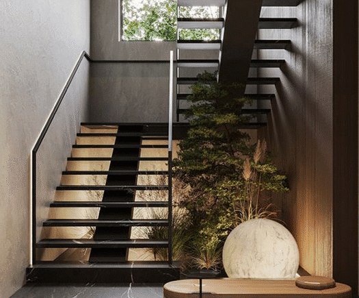 Escada metálica espinha de peixe com design exclusivo em ambiente sofisticado - a arte em aço da HBFER Estruturas Metálicas